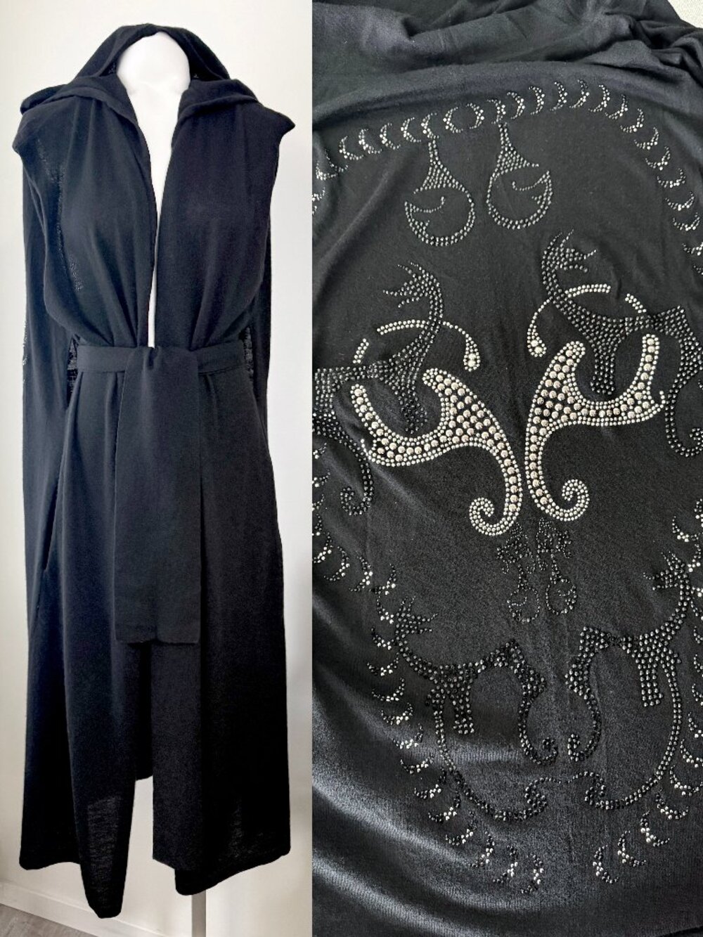 Authentic Thomas Wylde Hot-Fix Crystal Skull Black Hooded Cashmere Robe